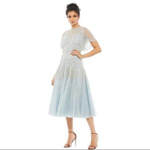 Mac Duggal 93655 Powder Blue Cape Sleeve Beaded Tea Length A-Line Dress 6 NWT